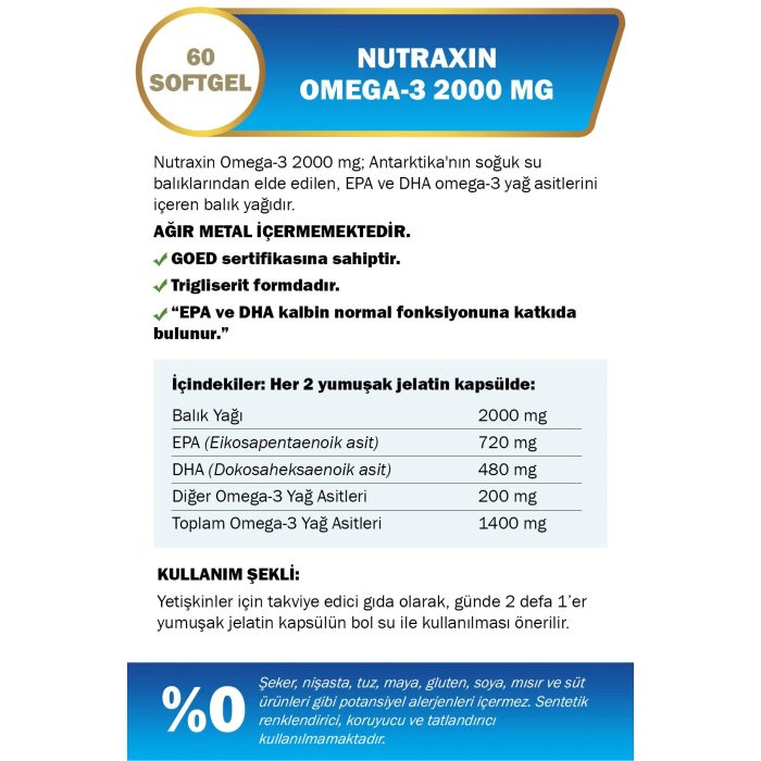 Nutraxin Omega 3 Balık Yağı 2000 mg 60 Kapsül