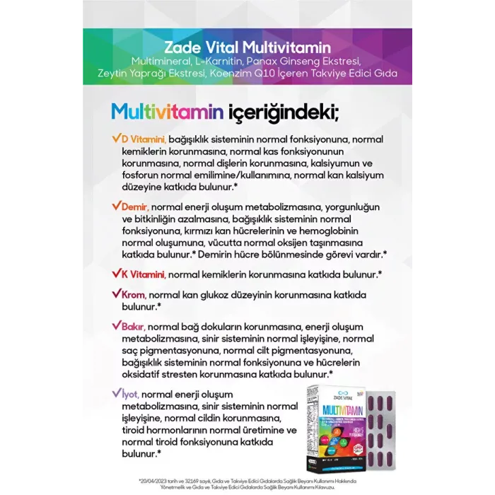 Zade Vital Multivitamin 30 Bitkisel Sert Kapsül