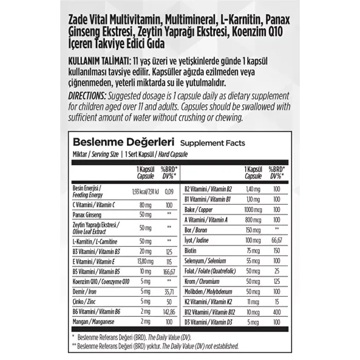 Zade Vital Multivitamin 30 Bitkisel Sert Kapsül