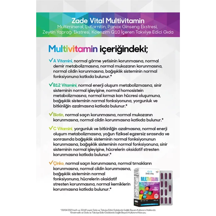 Zade Vital Multivitamin 30 Bitkisel Sert Kapsül